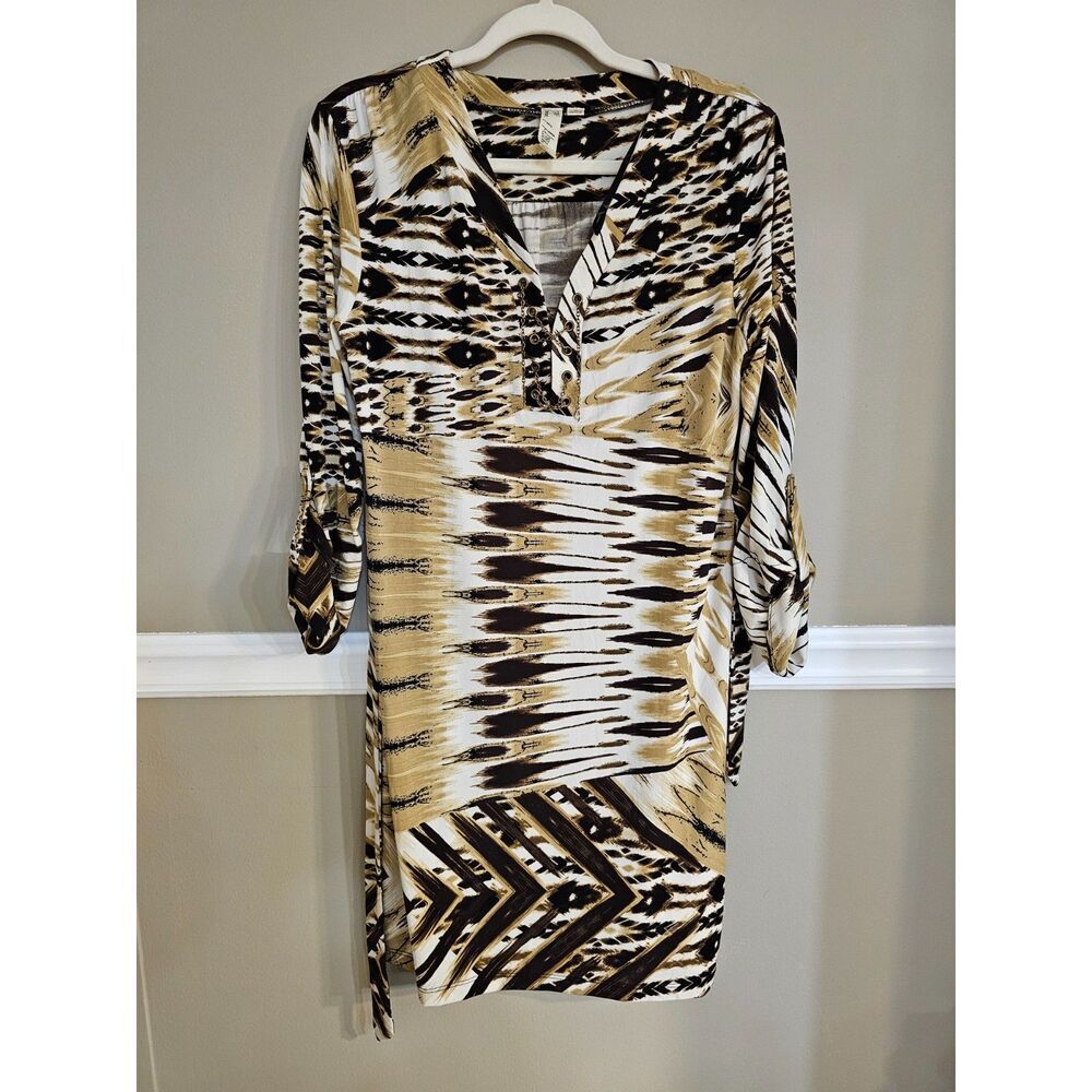 Emma & Michele Printed Wrap Dress Size M Brown Black Animal Print Belted - Picture 8 of 10